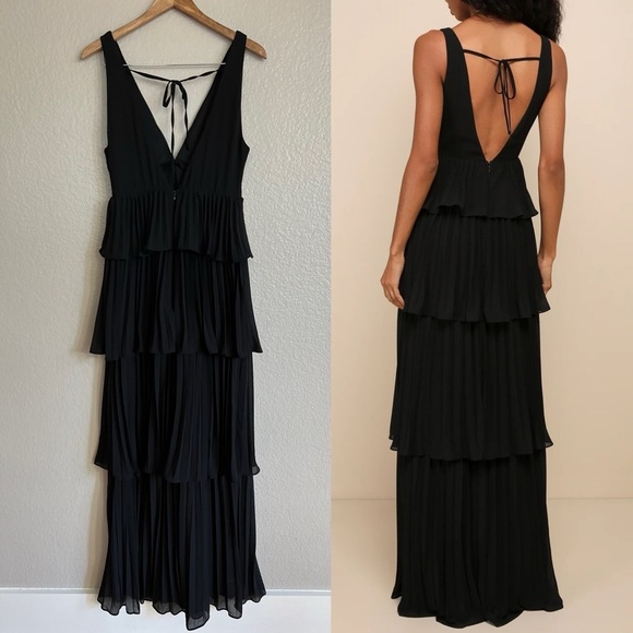 NWOT Mesmerizing Essence Black Pleated Backless Tiered Maxi Dress - Picture 3 of 8